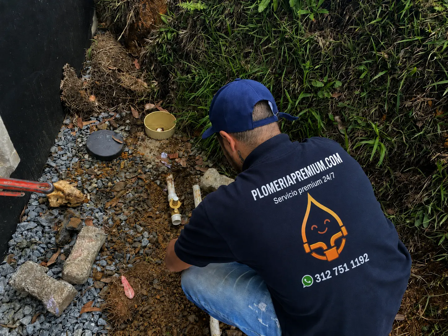 Plomero de Plomería Premium con uniforme reparando un drenaje en Medellín